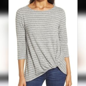 Gibson Twist Front Knot Gray Stripe 3/4 Sleeve Crew Neck Tunic Top Blouse